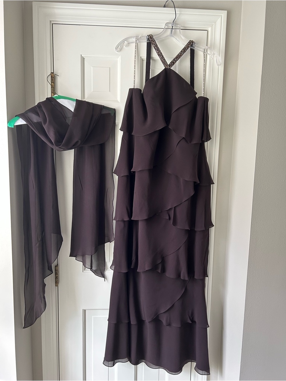 Daymor Couture Espresso Dark Brown 100% silk tiered gown 3451 size 12 P